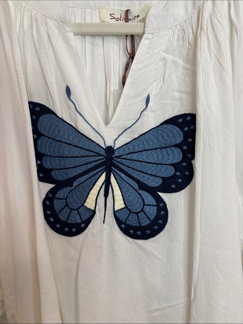 Solitaire White Peasant Blouse with Blue Butterfly Embroidery - Picture 3 of 7